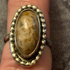 Vintage Oval Sterling Silver Ring with Cabochon Tan Jasper Stone, Size 6